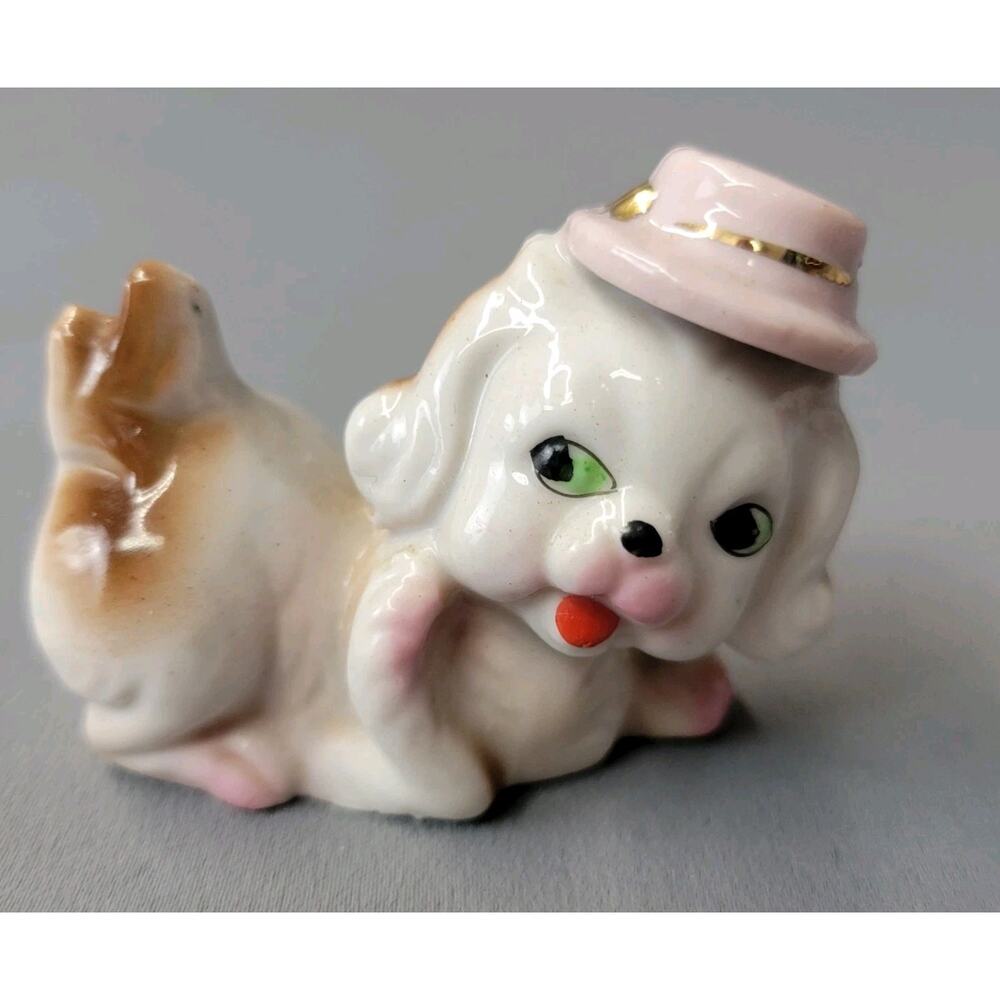 Vintage Glossy Dog Puppy Anthro Porcelain Figurine Glossy Hat Japan 2" Tall
